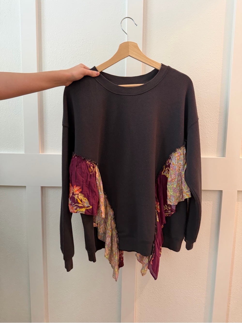 Free People Black Sweatshirt with Burgundy Floral Draped Panels